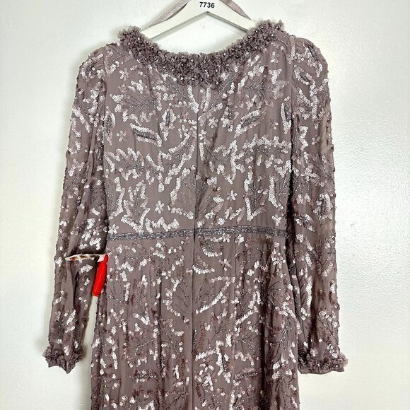 MAC DUGGAL Ruffle Neck Long Sleeve Sequin Midi Dress in Mauve Size US 6 - Picture 9 of 12